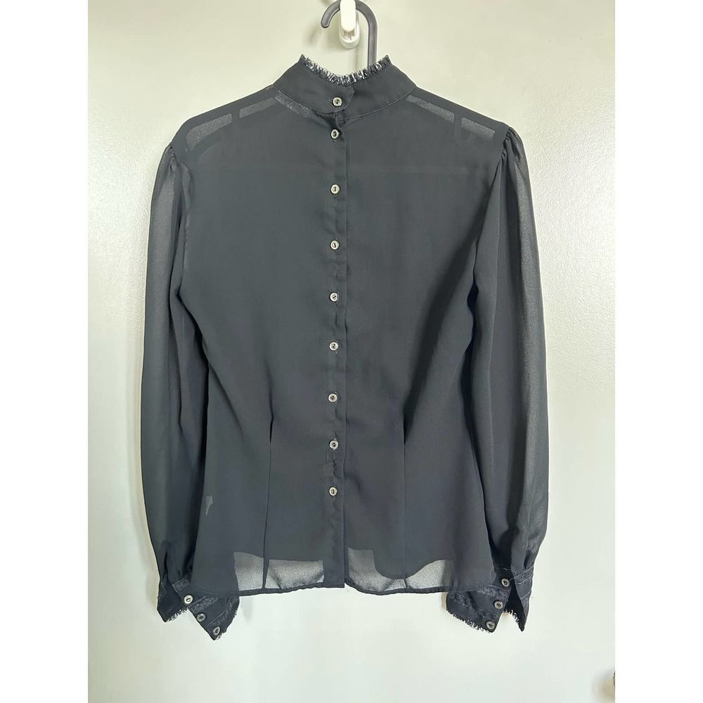 Vintage Black Ruffle High Neck Sheer Blouse Size S EUC - Picture 4 of 11